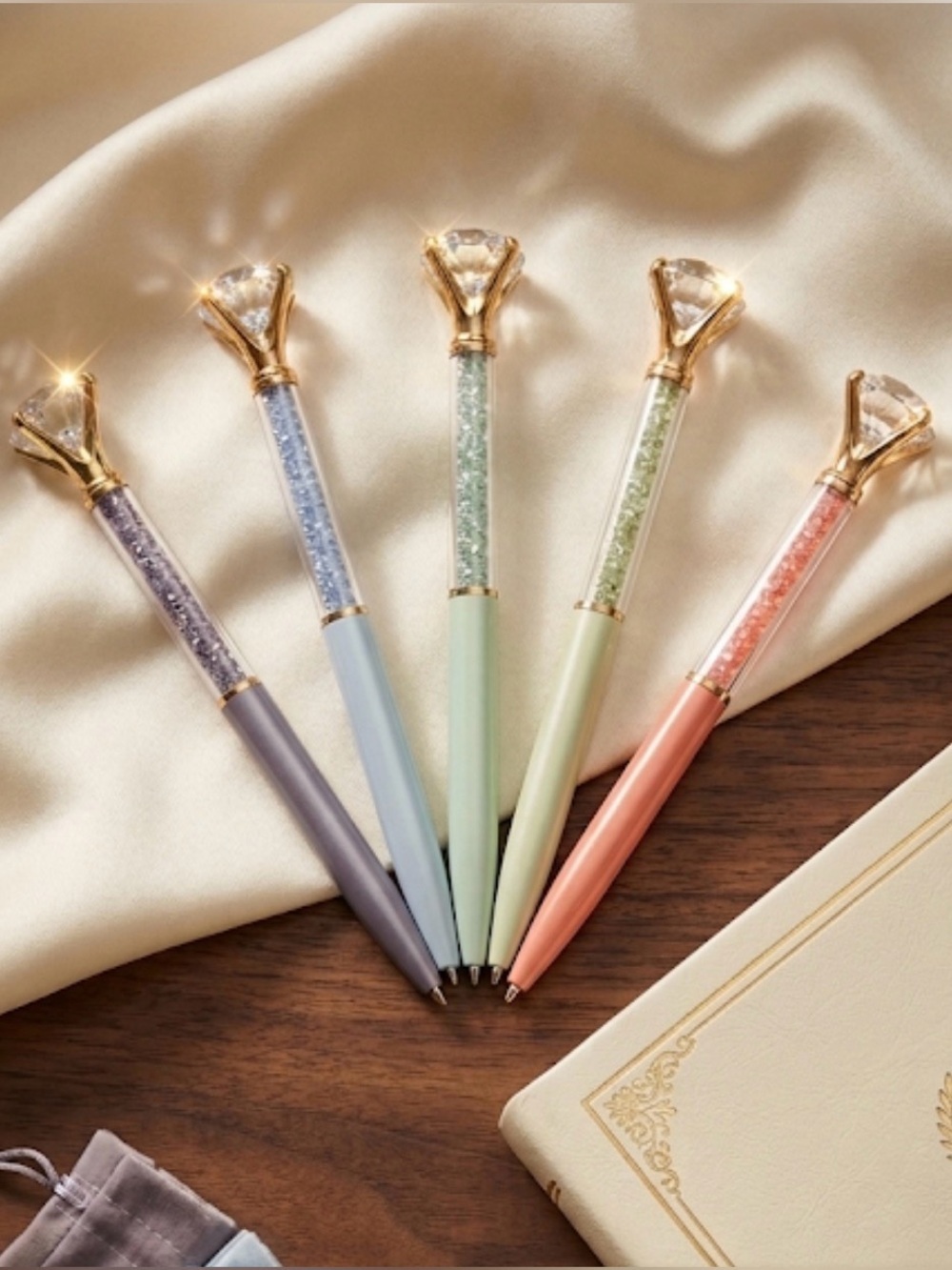 Diamond Ballpoint Pen Set of 5: Purple, Blue, Greens, and Pink - Black Ink only
